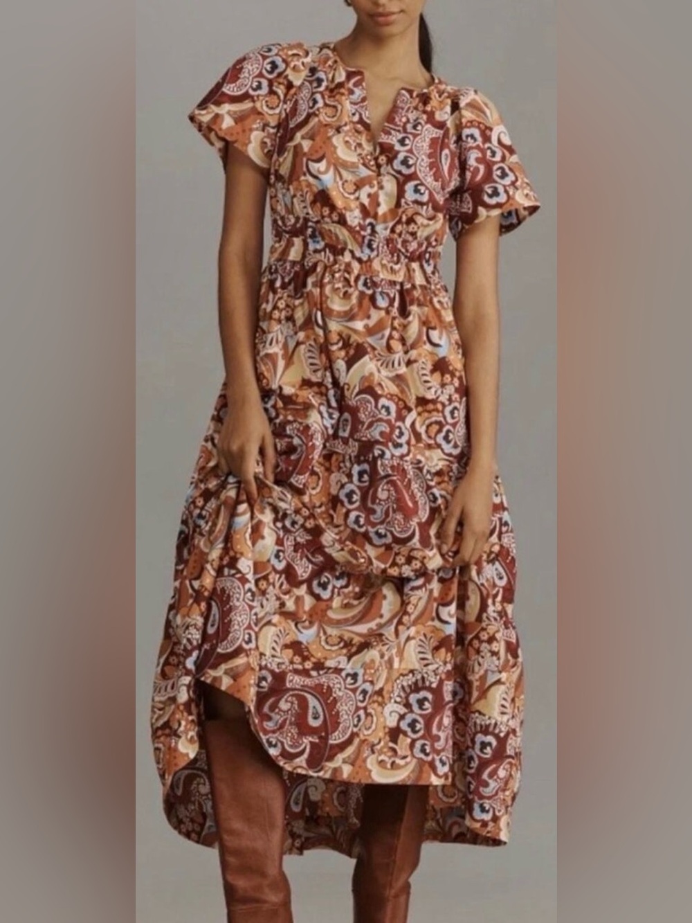 Anthropologie Somerset Maxi Dress S Retro Paisley Floral 100% Cotton Smocked
